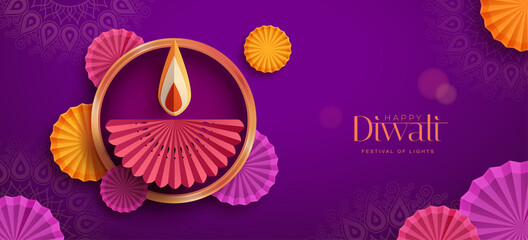 Happy Diwali. Paper graphic of Indian Diya oil lamp design with round border frame on Indian festive theme big banner background. The Festival of Lights.