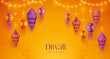 Happy Diwali. Group of paper graphic Indian lantern on Indian festive theme big banner background. The Festival of Lights.
