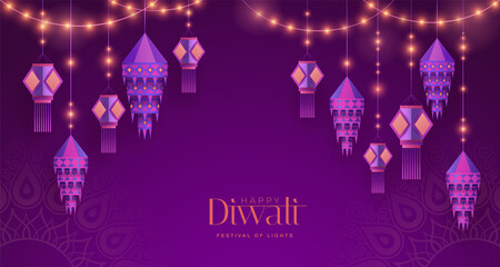 Happy Diwali. Group of paper graphic Indian lantern on Indian festive theme big banner background. The Festival of Lights.