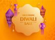 Great Indian Diwali Sale. Flower shaped gift tag with group of paper graphic Indian lantern. The Festival of Lights.