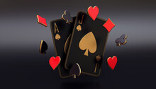 Casino Cards Poker Blackjack Baccarat  Black And Red Ace Symbols With Golden Metal 3d Render 3d Rendering Illustration 