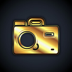 Sticker - Gold Photo camera icon isolated on black background. Foto camera. Digital photography. Vector