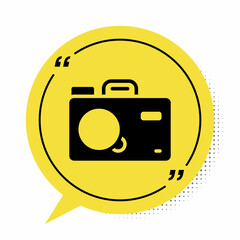 Sticker - Black Photo camera icon isolated on white background. Foto camera. Digital photography. Yellow speech bubble symbol. Vector