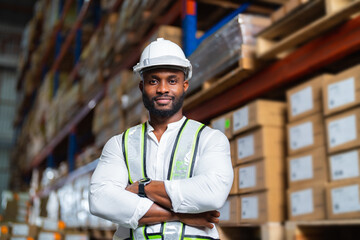 Wall Mural - Portrait of African warehouse manager standing in a large distribution center. concept of career and occupation.