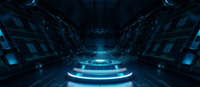 Blue Spaceship Interior With Projector. Futuristic Corridor In Space Station With Glowing Neon Lights Background. 3d Rendering