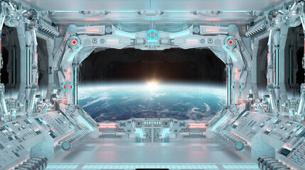 White spaceship interior with glowing blue and red lights. Futuristic spacecraft with large window view on planet Earth. 3D rendering