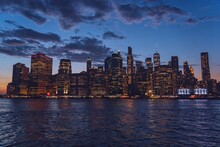 Financial District Cityscape At Sunset With 120 Wall Street, Continental Center And Freedom Tower At Night, Manhattan, New York, USA