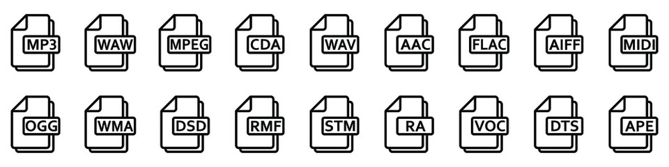 Wall Mural - audio file formats. set of linear icons of different audio formats. audio file icons. vector illustr