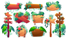 Wooden Signboards In Jungle, Plank And Pointers With Green Leaves And Lianas. Vector Cartoon Set Of Wood Panels, Timber Boards And Direction Signs With Plants In Forest Isolated On White Background