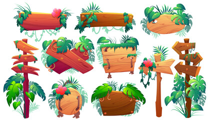 Wooden signboards in jungle, plank and pointers with green leaves and lianas. Vector cartoon set of wood panels, timber boards and direction signs with plants in forest isolated on white background