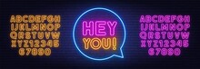 Hey You Neon Sign On Brick Wall Background.