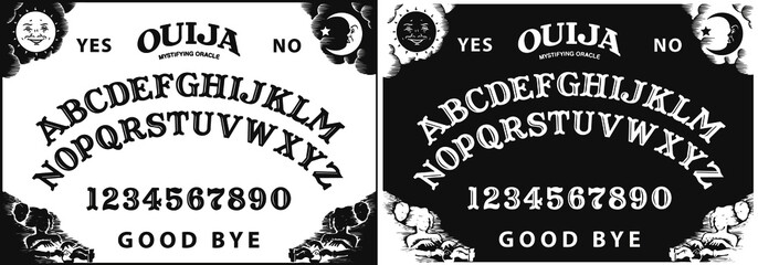Graphic template inspired by Ouija Board. Black and white symbols of moon ,sun, texts and alphabet. Gothic typography. Ghosts and demons calling game.