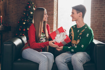 Poster - Photo of happy husband wife couple people xmas hold gift box give present smile holiday indoors inside house home