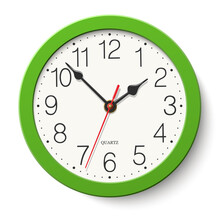 Round Wall Clock With Green Body Isolated On White Background.