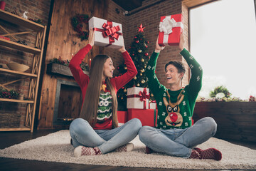 Poster - Full size photo of young lovely couple happy positive smile eve time noel hold present box surprise indoors