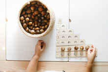 Studying the account. The child learns numbers. Eco-friendly natural educational toys made of acorns and wooden plates. Top view and light background