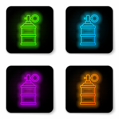 Poster - Glowing neon line Hand smoke grenade icon isolated on white background. Bomb explosion. Black square button. Vector