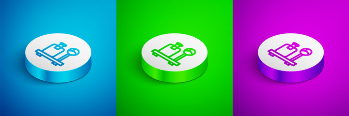 Sticker - Isometric line Scale with suitcase icon isolated on blue, green and purple background. Logistic and delivery. Weight of delivery package on a scale. White circle button. Vector