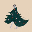 © master1305 - Contemporary art collage. Design for postcard for New Year and Christmas 2022, Young woman wearing outfit like christmas tree