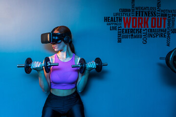 Attractive young red hair sportswoman training biceps in the gym of her beautiful house with vr futuristic goggles - Ginger athletic model doing home sport pilates workout exercises during quarantine