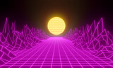 Game city 80s retro background. 3d render of futuristic landscape city night with sun. Neon light future of the 1980s style.