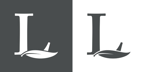 Logotipo letra inicial L con hoja de árbol en fondo gris y fondo blanco	