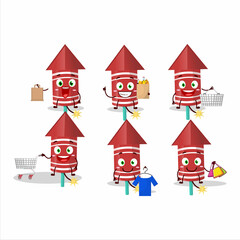 Sticker - A Rich red rocket firework mascot design style going shopping