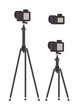 Set of different photo camera objects with screen on high tripod isolated. Vector flat illustration. Back side view. For banners, web.