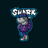 Fototapeta Młodzieżowe - Shark mascot logo design vector with modern illustration concept style for badge, emblem and t shirt printing. Smart shark illustration.