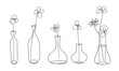 Vector vases and bottles with Flowers. Modern set of doodle. Pattern vases with Flowers drawn by one line on a white background.