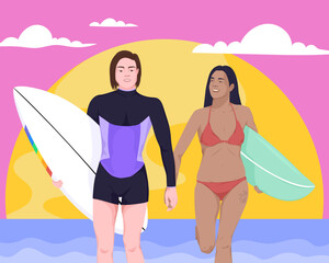 Wall Mural - Interracial female couple surfing at the beach