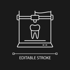 Poster - 3d printing for dentistry white linear icon for dark theme. Dental implants production. Thin line customizable illustration. Isolated vector contour symbol for night mode. Editable stroke