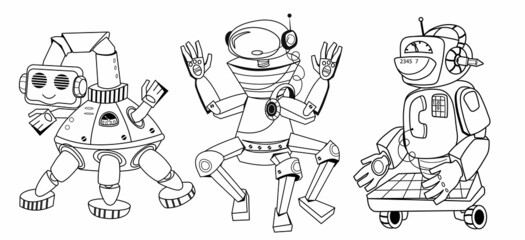 Coloring book page with outline cute robot cartoon characters for children, vector illustration isolated on white background. Black line contour of robots for coloring. Set of three  different robots.