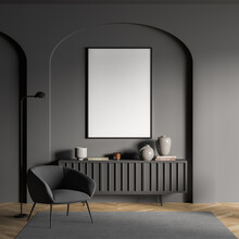 Dark Living Room Interior With Armchair And Drawer With Decoration, Mockup Poster