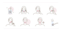 Beauty girl take care of her face and doing mesotherapy procedure at home. Instruction how to use derma roller with microneedles. Flat line vector illustration and icons set.