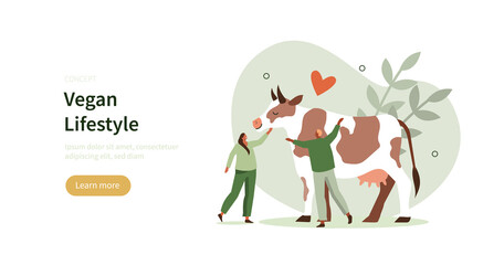 People showing their love to animals and hugging a cow. Friendship between humans and animals. Vegan lifestyle and nature respect concept. Flat cartoon vector illustration.
