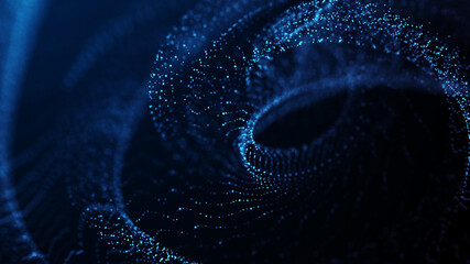 Abstract particle vortex. Futuristic dynamic wave moving in space. Illustration with explosion of data. 3d rendering.