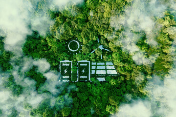 Wall Mural - A lake in the shape of a solar, wind and energy storage system in the middle of a lush forest as a metaphor for the concept of clean and organic renewable energy. 3d rendering.