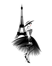 Vector Portrait Of Beautiful Glamorous Woman Wearing Stylish Clothes In Paris - Haute Couture Dress, Fashionable High Heels And Wide Brimmed Hat With Clutch Bag With Eiffel Tower Silhouette In The Bac