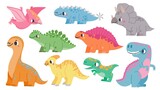 Fototapeta Dinusie - Set with funny dinosaurs. Collection of cartoon baby dinos. Cute brontosaurus, velociraptor, triceratops, tyrannosaurus rex. Jurassic period. Kids vector illustration
