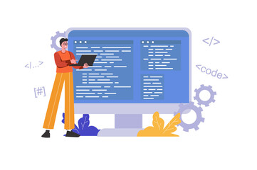 developer programming and writing code using laptop. programmer works, optimizes and tests program, 