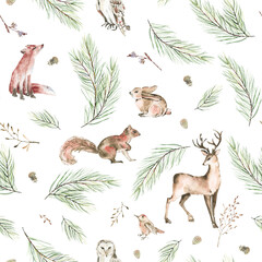  Winter woodland seamless pattern for fabric, Watercolor forest animals seamless digital paper, Natural Christmas repeat pattern for nursery decor, textile, wrapping paper, christmas gifts