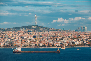 Beautiful view of bosphorus, Maiden Tower in Uskudar district and Camlica Tv tower in Camlica hill front of cloudy blue sky in Istanbul.