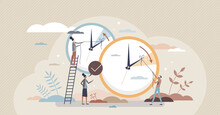 Daylight Saving Time And Change Clock To One Hour Back Tiny Person Concept. Fall Back And Turn Spring Forward Season Switch Reminder Scene Vector Illustration. Wintertime And Summertime Watch Settings
