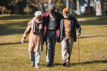 Wall Mural - African american man hugging interracial friends while walking in park