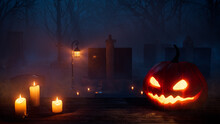 Halloween Illustration With Creepy Candlelit Headstones And Pumpkin Decoration.