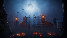 Halloween Pumpkin Lanterns With Candles, At A Haunted Woodland Churchyard Gate At Night.