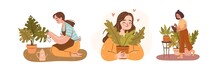 Happy Plant Lady Set. Young Woman Plant Lover Taking Care Of Houseplants. Caucasian And Afro-American Girls With Potted Plants.