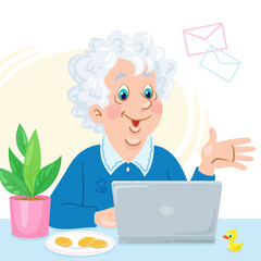 Canvas Print - Happy cute grandmother with laptop. In cartoon style. Isolated on white background. Vector flat illustration.