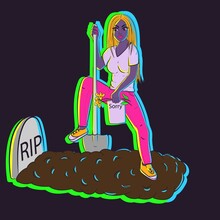 Neon Illustration Of A Blonde Woman With A Sorry Letter In Her Hand Digging A Grave. Vector Of A Girl Under Neon Lights And A Shovel Sitting On Top Of A Burial Ground With A RIP Gravestone.